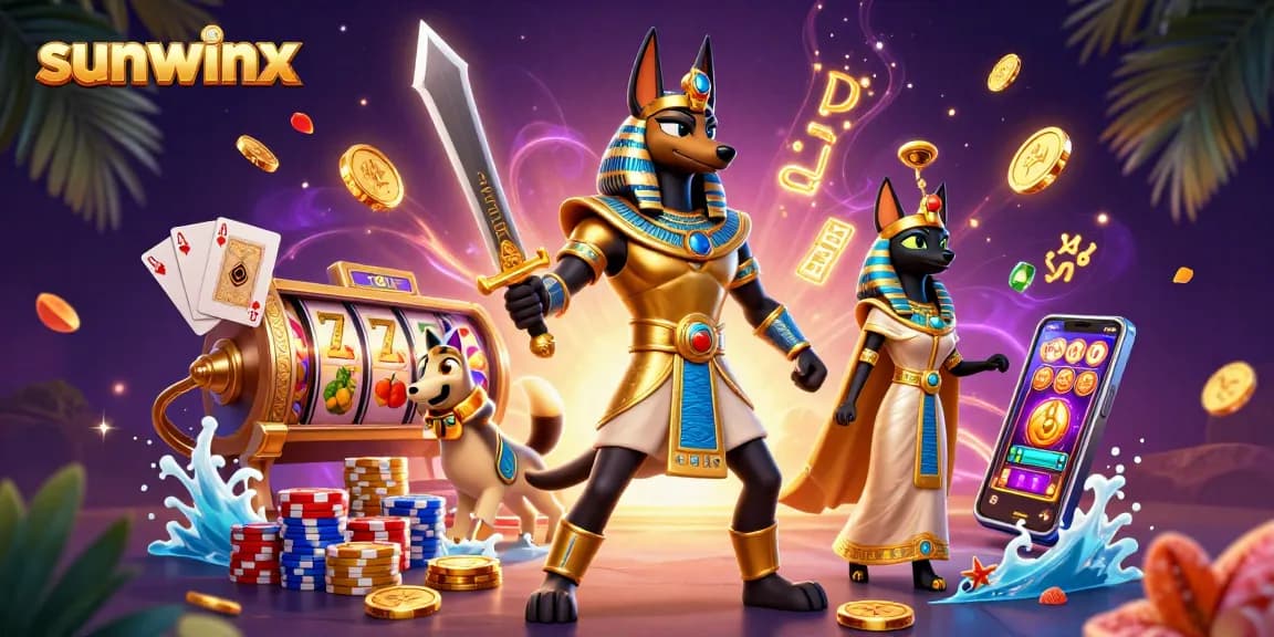 Experience thrilling slots action with sunwinx featuring Anubis and Bastet, vibrant gaming elements, and casino charm.