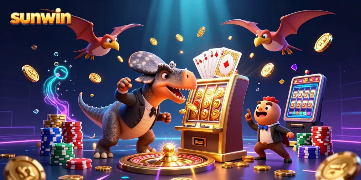Experience sunwin's jackpot excitement with a dinosaur headbutting a slot machine.