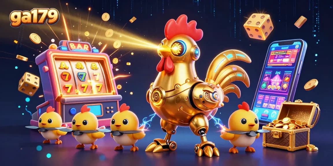 Experience the thrill of casino gaming with ga179 and a dynamic illustration of a golden rooster robot amidst slots and games.