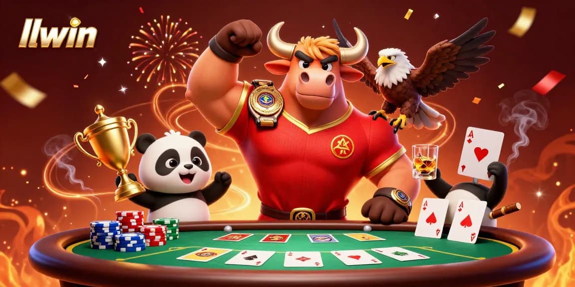 llwin players winning big at the casino with an energetic 3D bull mascot, eagle, and panda celebrating together