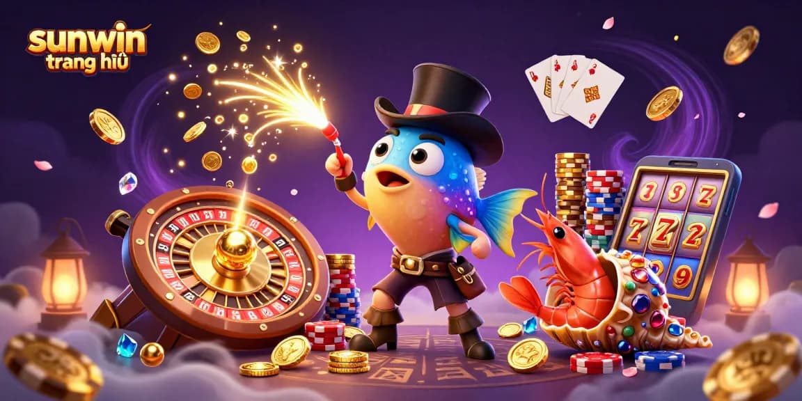 Experience the excitement of Sunwin trang chủ with enchanting characters and dynamic casino elements amid golden coins and treasures.
