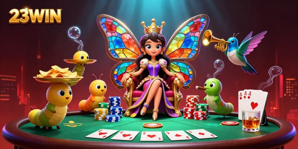 Engage with the vibrant 23WIN casino scene featuring a butterfly queen amidst poker tables and colorful chip towers.