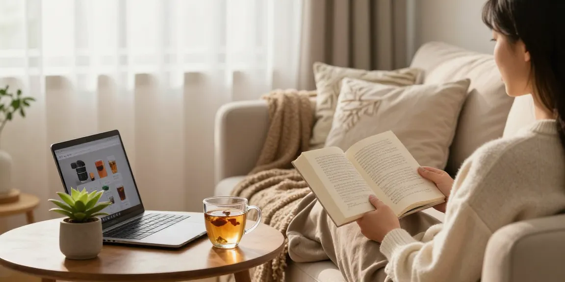 View product options while relaxing with herbal tea in a cozy atmosphere.