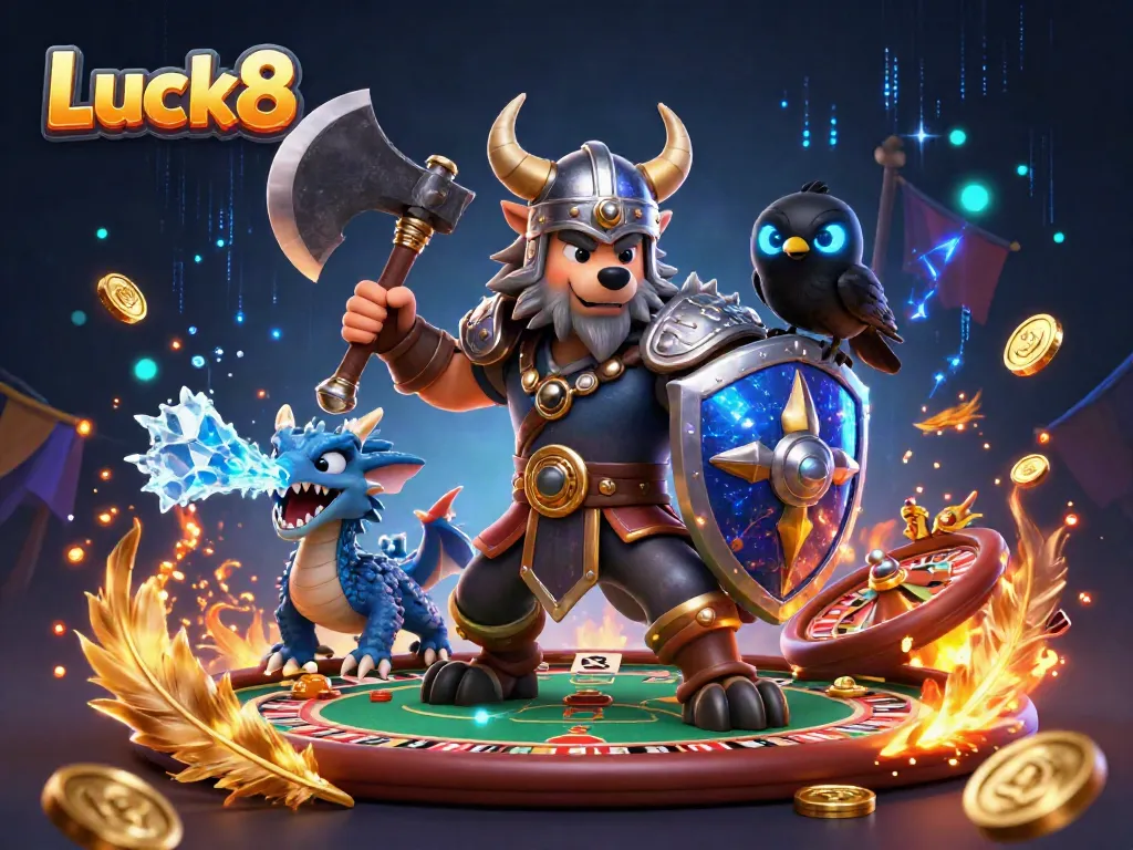 Experience the thrilling action of Luck8 with a Viking warrior and dragon in a vibrant casino backdrop.