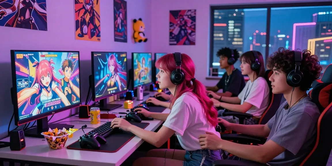 Diverse friends enjoying ecchi games in a vibrant gaming setup with colorful screens and snacks.