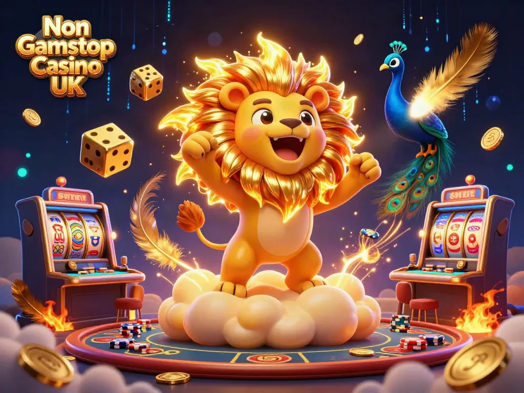 Experience excitement at Non Gamstop Casino UK with a vibrant 3D lion roaring amidst sparkling casino elements.