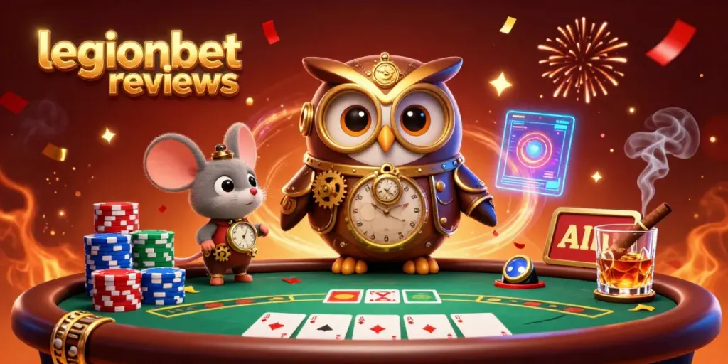 Reviewing legionbet reviews through a vibrant 3D casino scene with colorful poker elements.