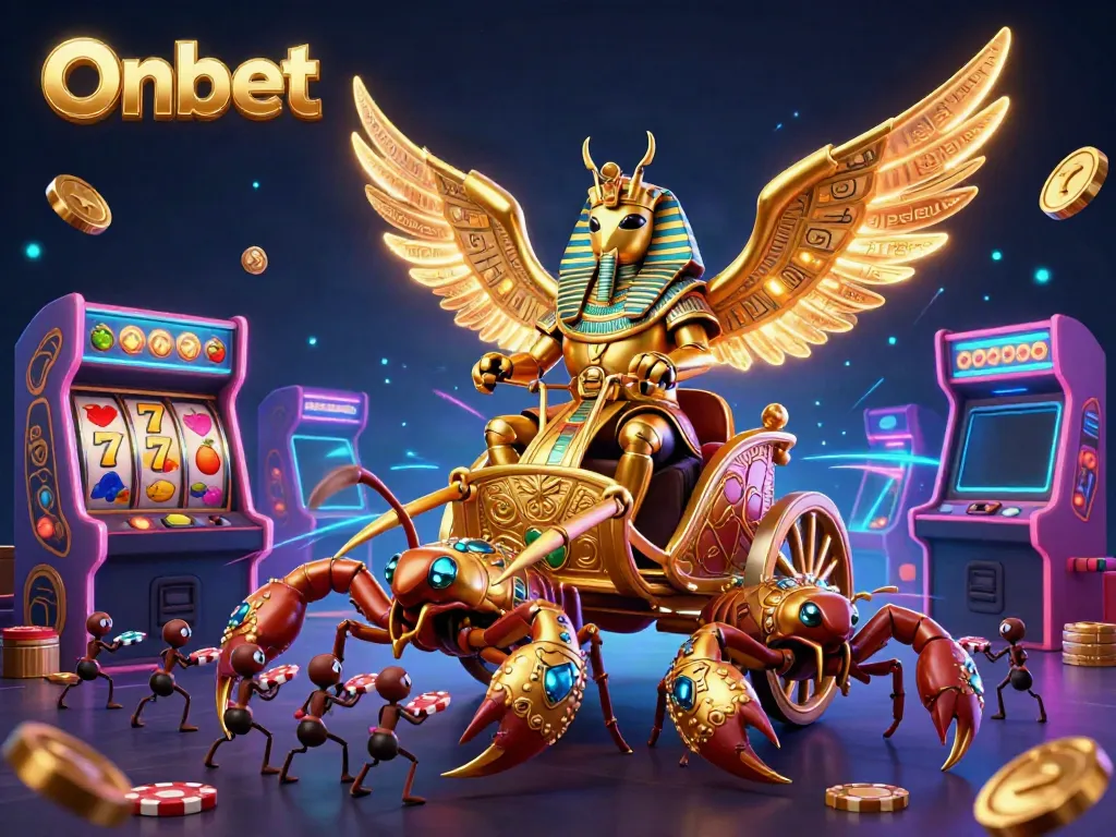 Experience thrilling action with Onbet as the colossal scarab and scorpions navigate a vibrant casino scene.