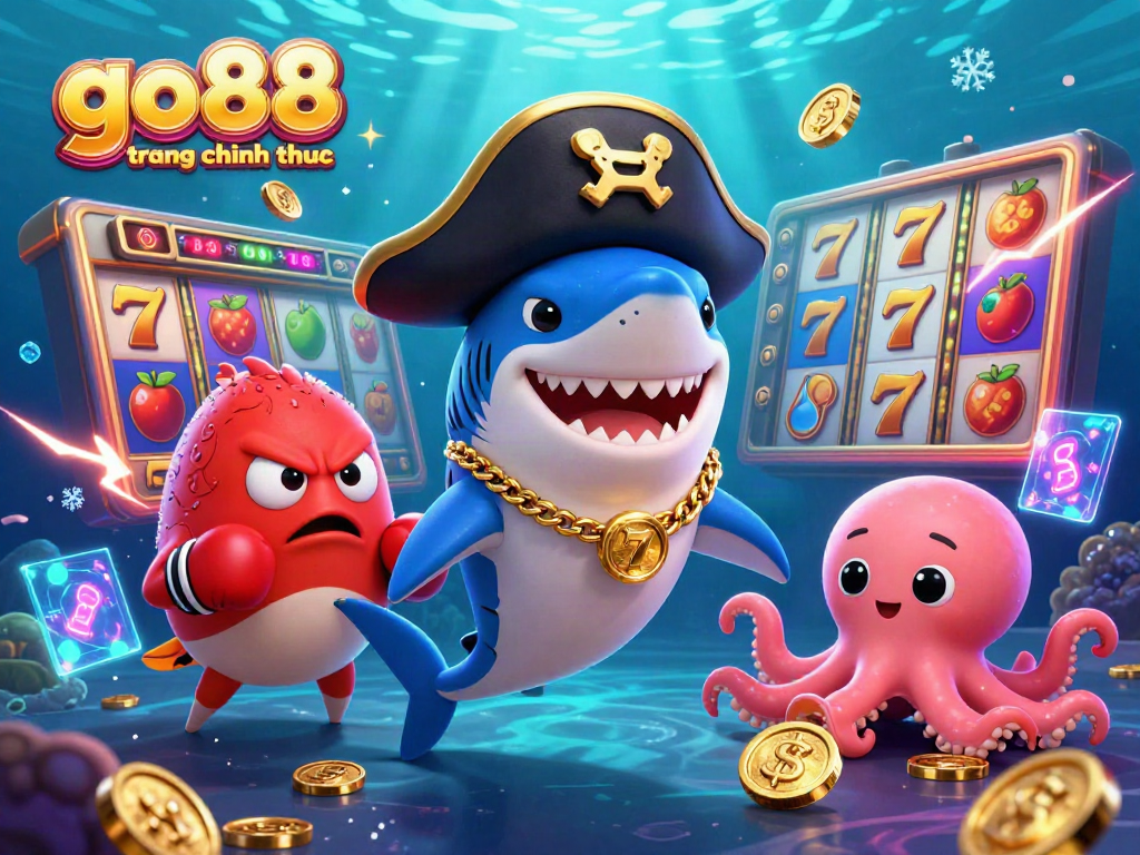 Join the fun with go88 trang chu chinh thuc, featuring vibrant slot reels and cartoon characters in a thrilling casino scene.