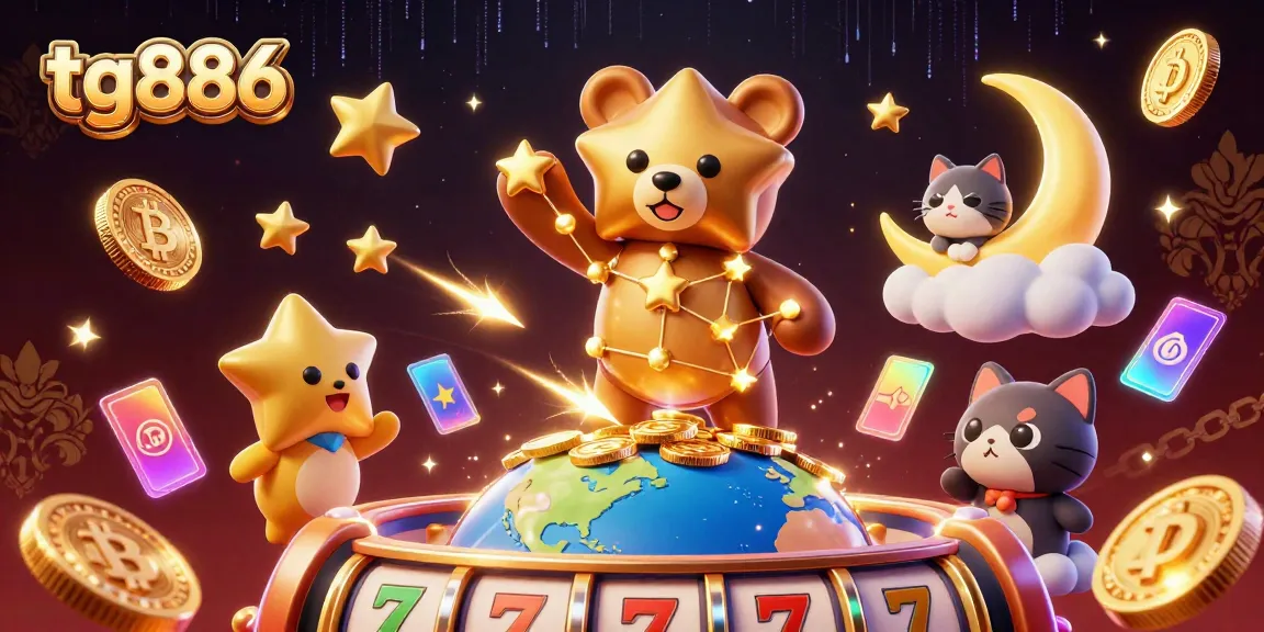 Engage with tg886: An immersive 3D casino scene featuring a constellation bear and crypto elements.