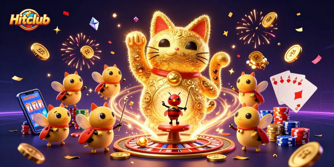 Engage in thrilling gameplay at Hitclub with vibrant casino elements and a lucky cat.