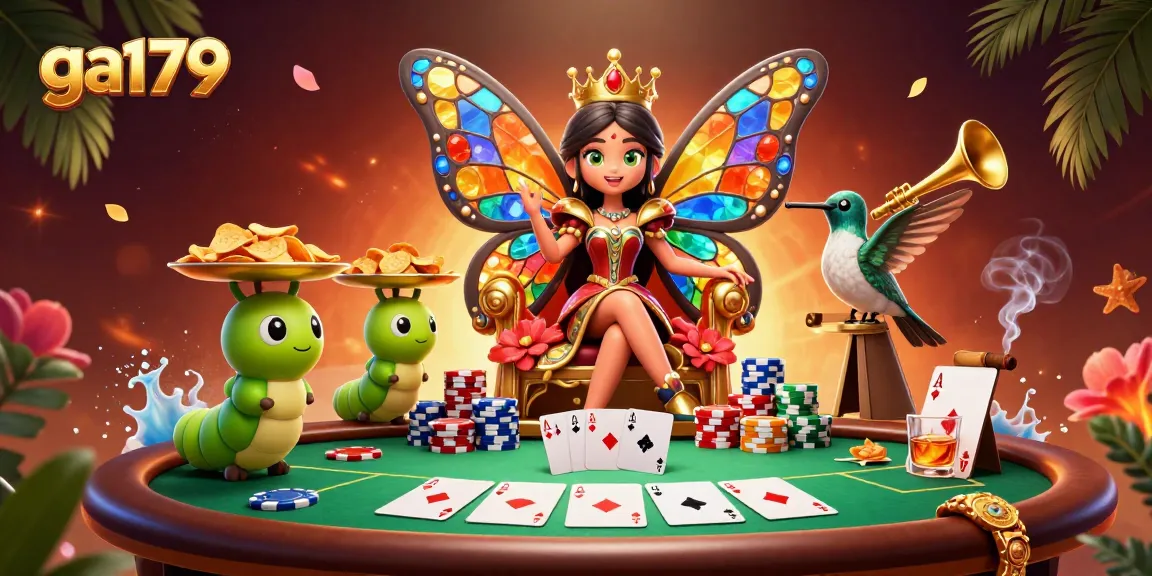 Experience vibrant ga179 poker action with a butterfly queen and colorful chips in a dynamic scene.
