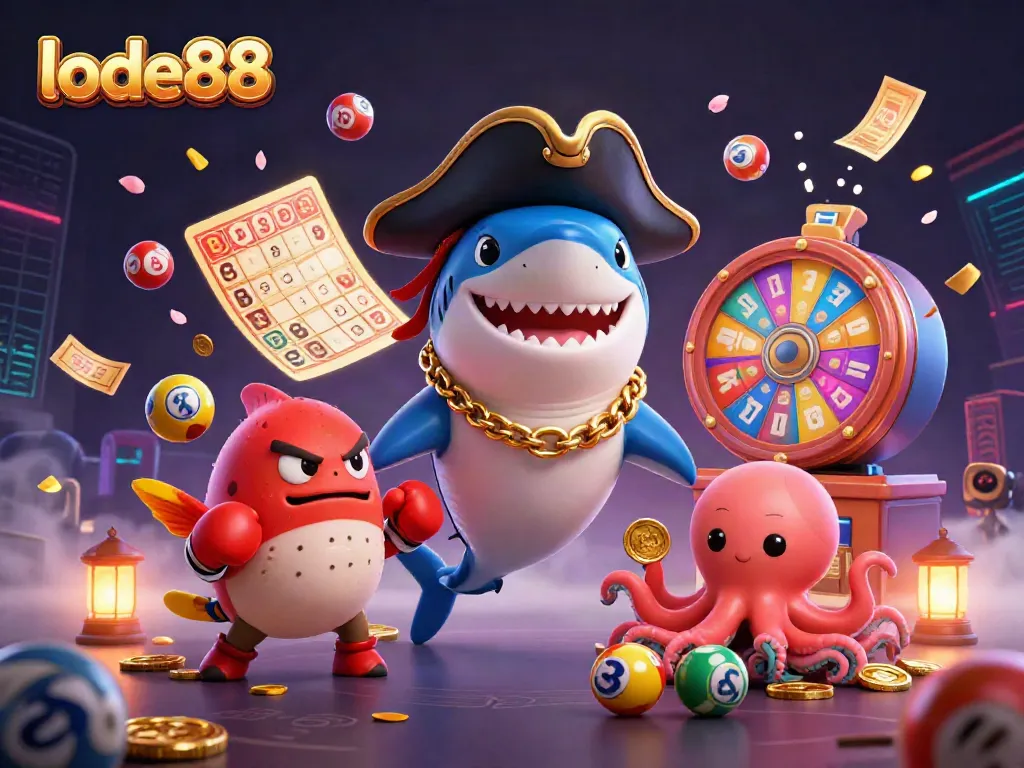 Lode88 pirate shark, pufferfish, and octopus celebrate with casino elements in vibrant 3D illustration.