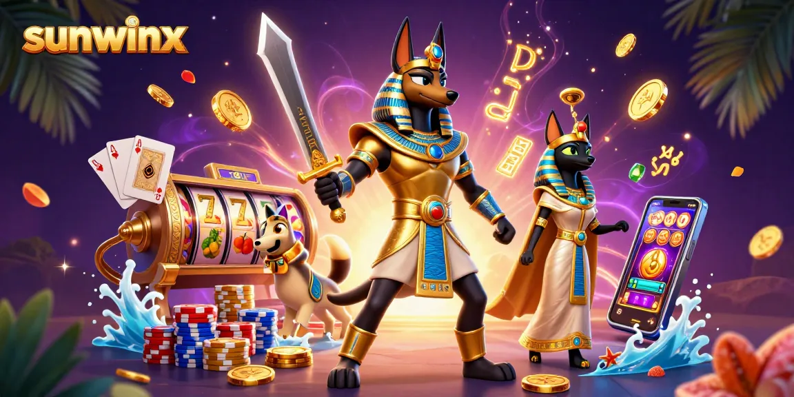 Experience thrilling slots action with sunwinx featuring Anubis and Bastet, vibrant gaming elements, and casino charm.