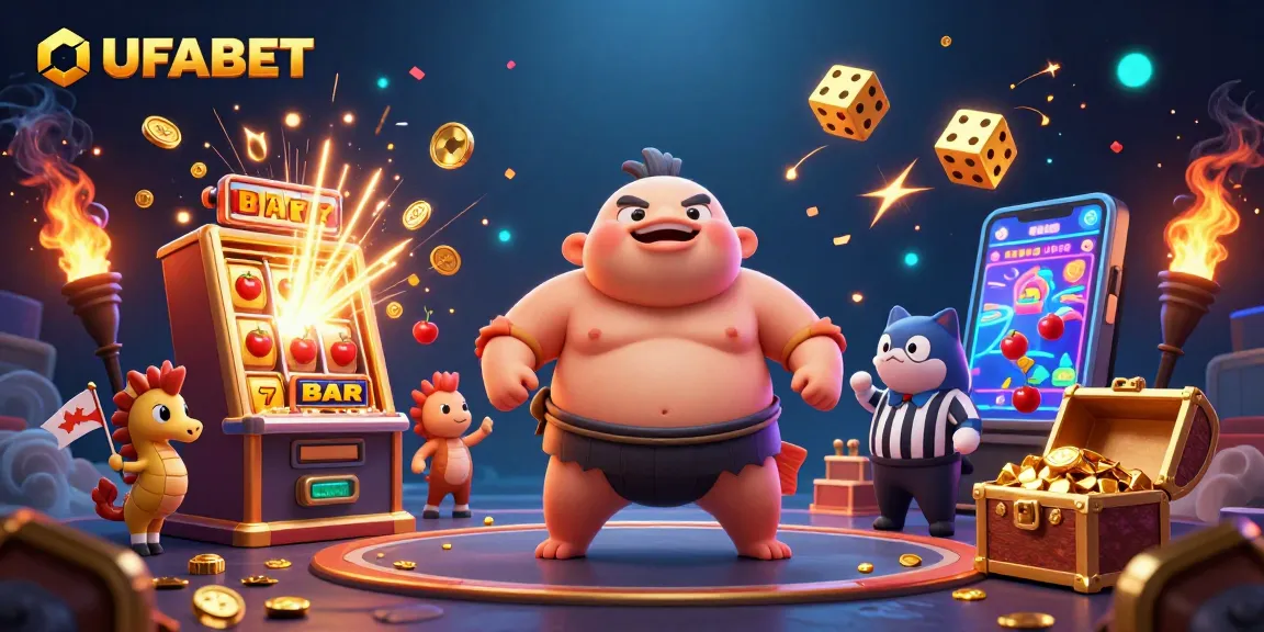 Engage in thrilling action with UFABET's dynamic underwater casino scene featuring a sumo fugu and slot machines.