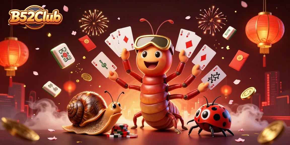 Engage with the exciting world of B52Club featuring a vibrant 3D scene of a millipede dealer and high-roller characters.