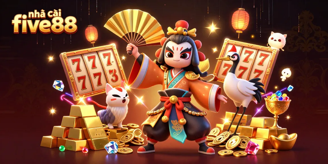 Engage with nhà cái five88 in this vibrant 3D casino illustration full of gold, jewels, and lively characters.