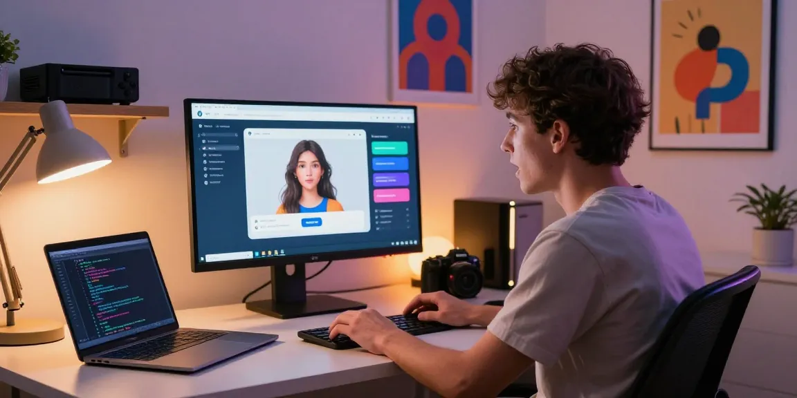 User interacting with an innovative nsfw ai chat platform in a modern home office, showcasing AI avatars and sleek tech.