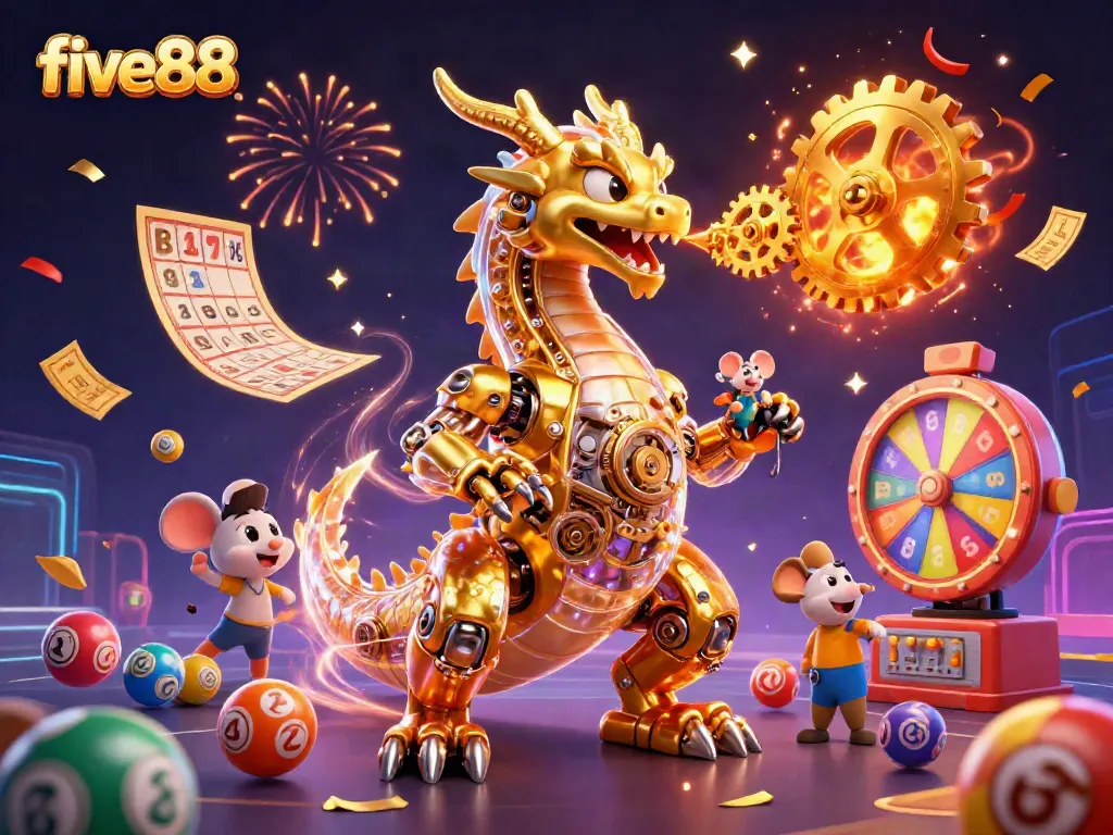Join the excitement at five88 with a vibrant illustration of a dragon and gaming elements bursting with energy.