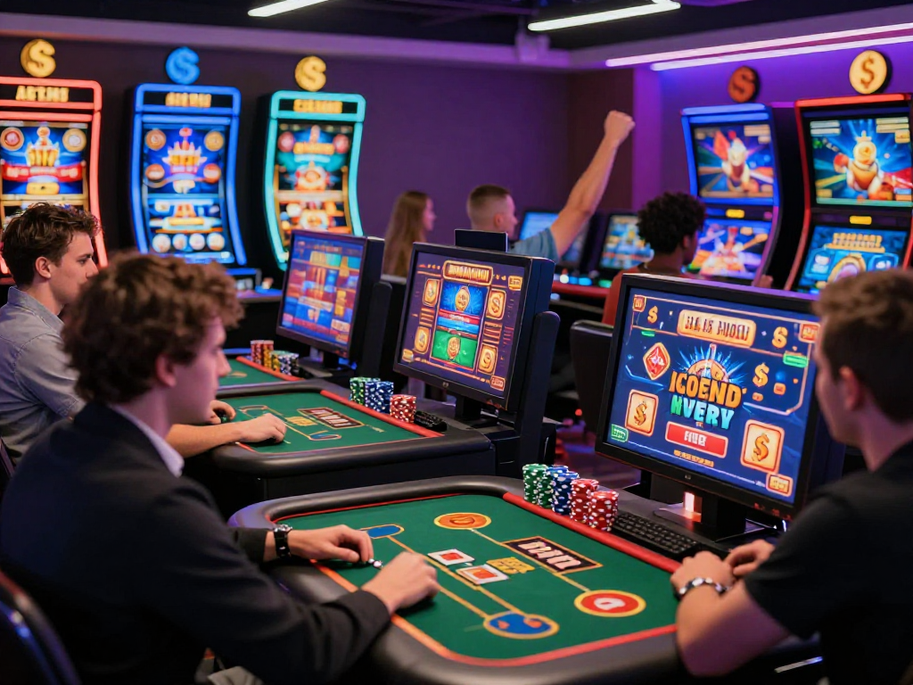 Players engaged at USA online casinos showcased on https://aboutobo.com, featuring vibrant gaming screens and thrilling action.