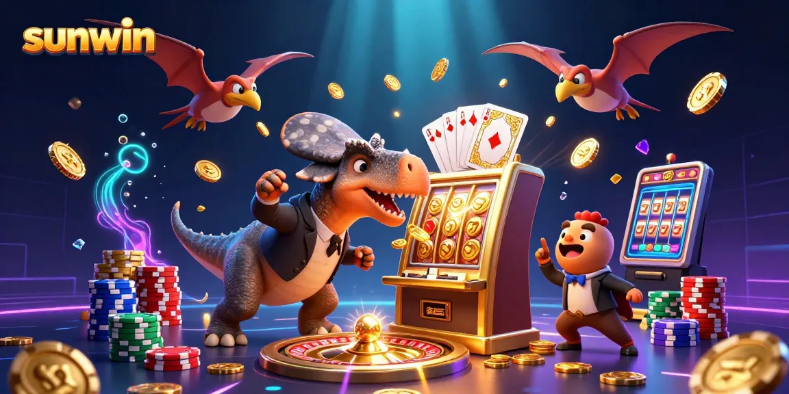 Experience sunwin's jackpot excitement with a dinosaur headbutting a slot machine.