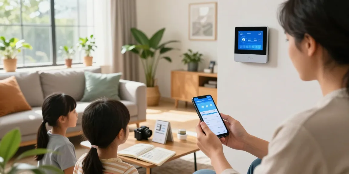 Family discussing energy savings and features of their smart thermostat in a bright living room.