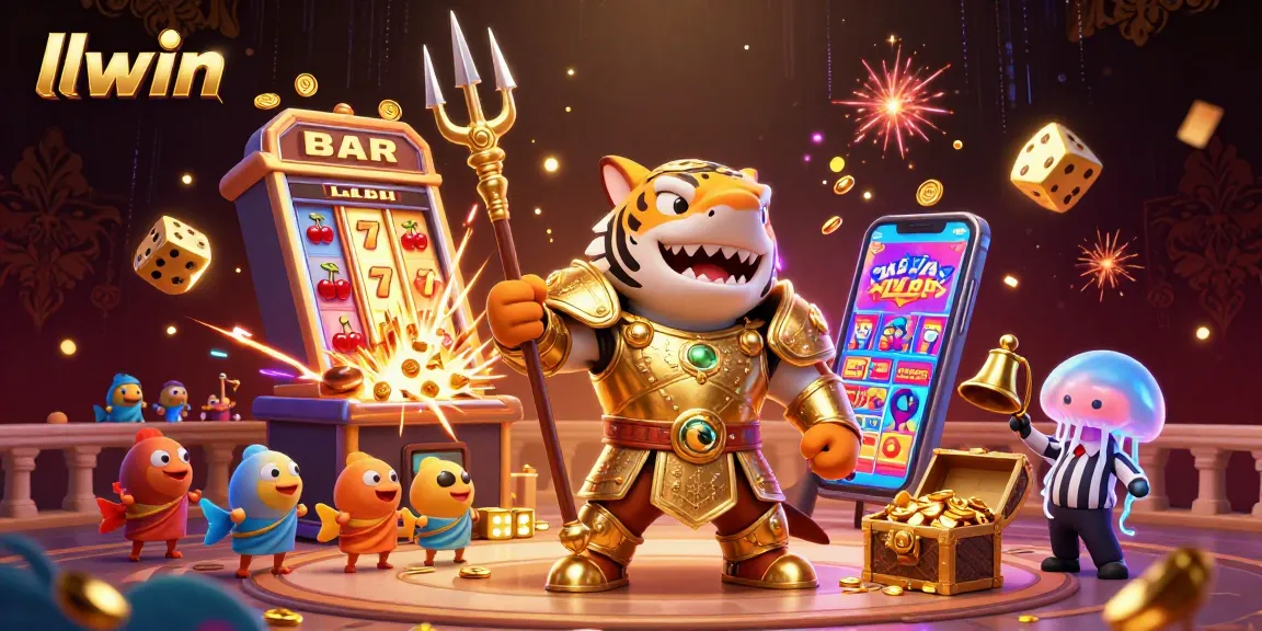 Win big with llwin at the vibrant underwater casino scene featuring an armored shark and jackpot explosions.