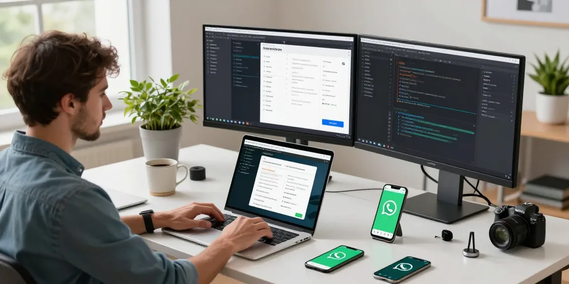 Engaging digital workspace with developer and WhatsApp下載 on screens, showcasing modern app development.