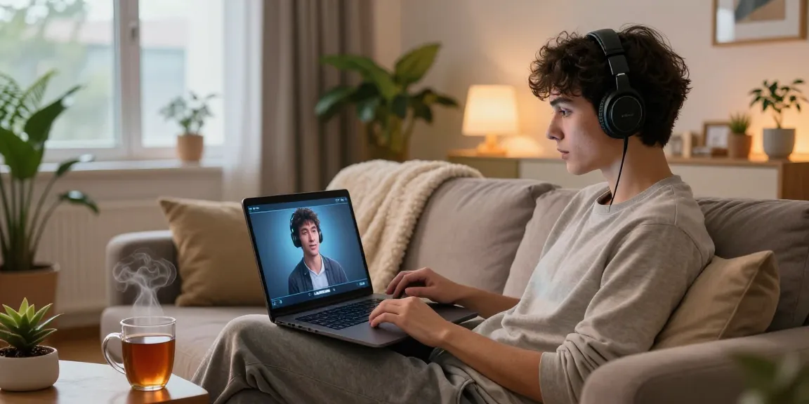 Engaging in an AI sex chat on a laptop in a cozy living room with warm lighting and personal decor.