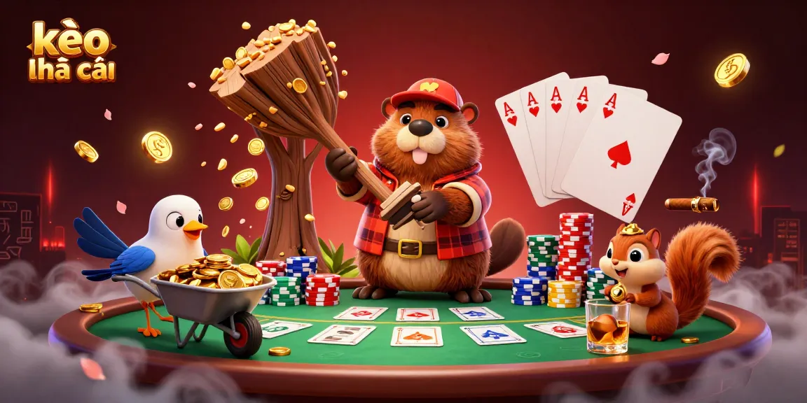 Engage with kèo nhà cái thrilling moments as a cartoon beaver bets big at a poker table.