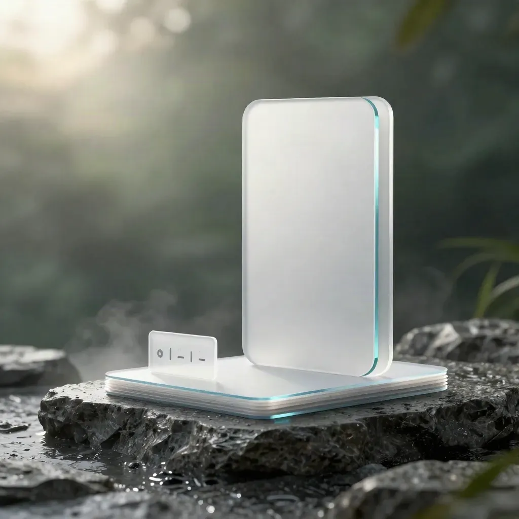 Frosted acrylic launch kit monolith with phone slab, referral token and analytics tile on wet stone
