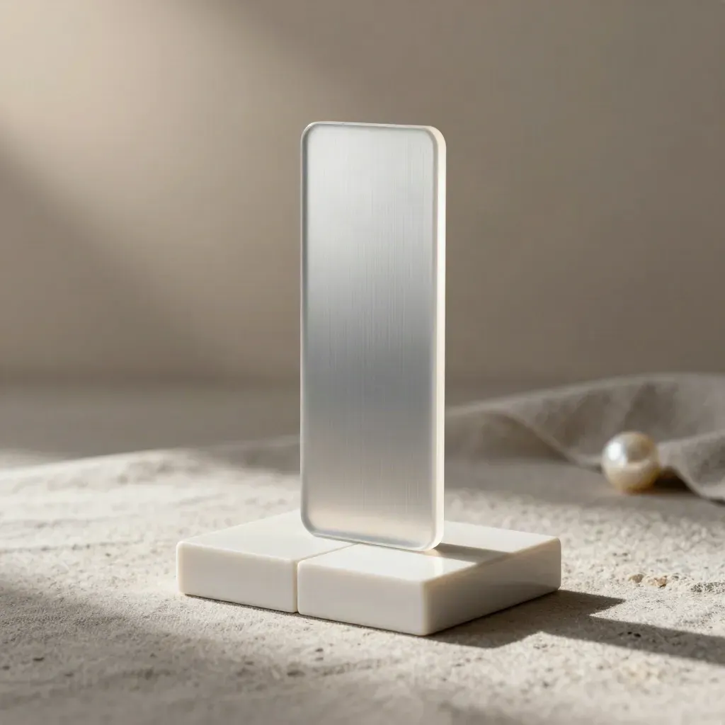 Brushed ceramic launch-page tower with translucent panel and two companion tiles on a white pedestal.