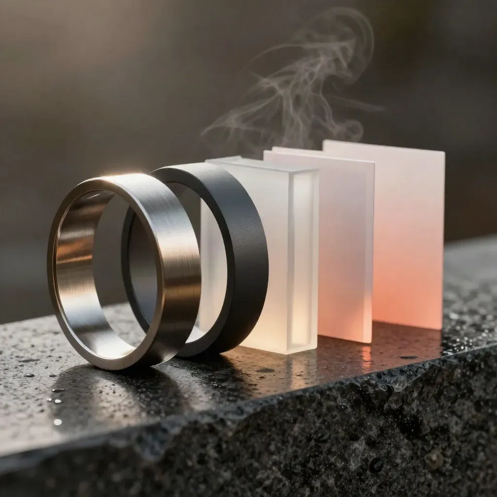 Matte launch modules and a referral ring sweep across wet charcoal stone in dramatic studio light.