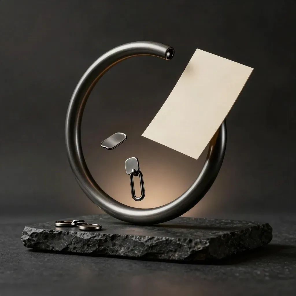Graphite loop, link tokens, and folded card drifting above a matte-black studio plinth.