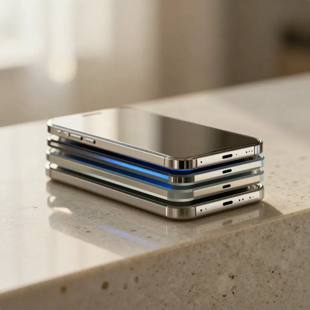 Stacked acrylic share tiles with a phone edge on travertine, lit by warm blue-tinged daylight.