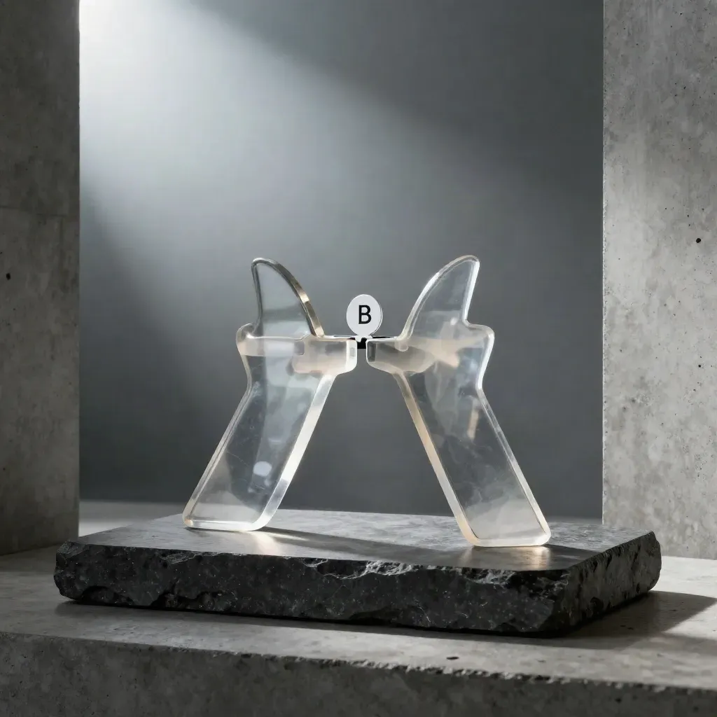 Clear acrylic A/B testing fins on charcoal stone with misty light