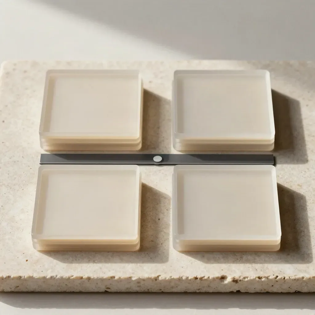 Overhead flatlay of two matched test stacks with a divider strip on pale stone.