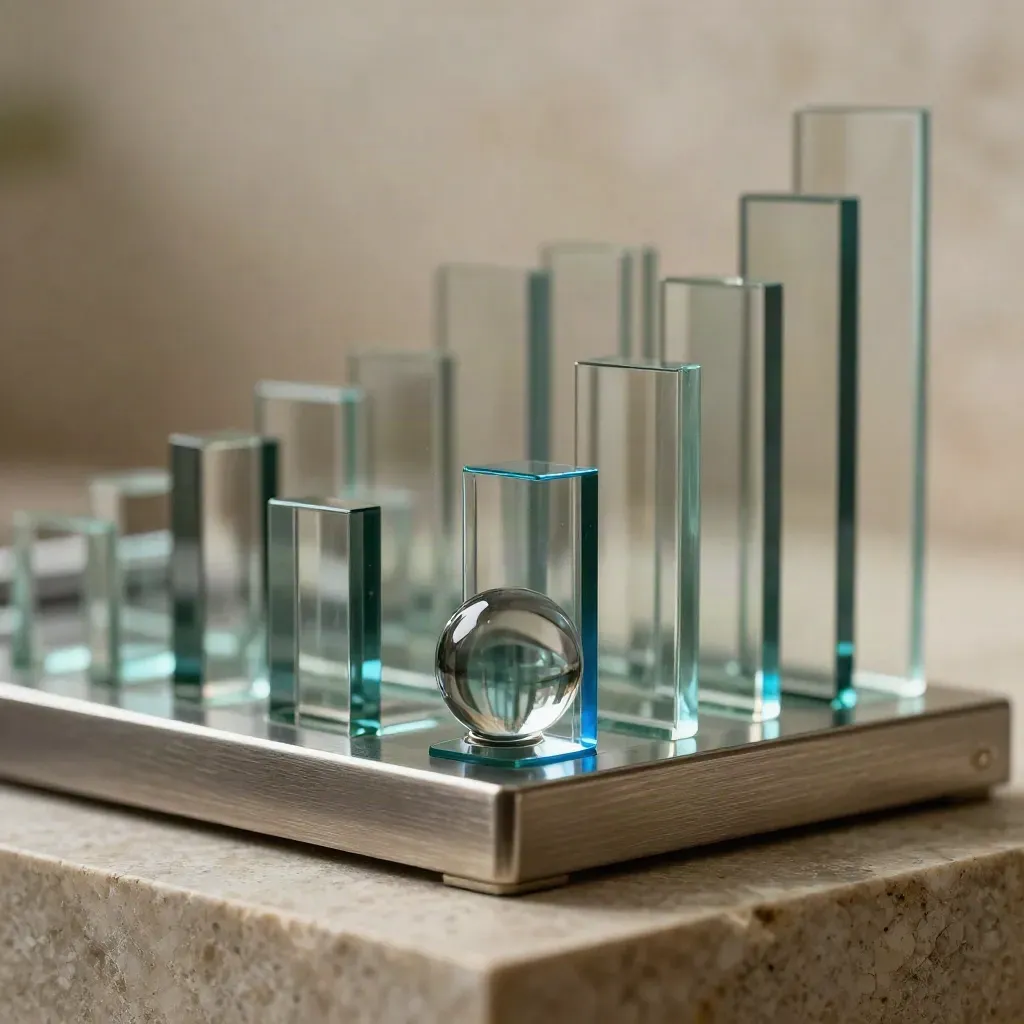 Glass stats bars, blue orb and brushed metal base in a dramatic macro close-up.