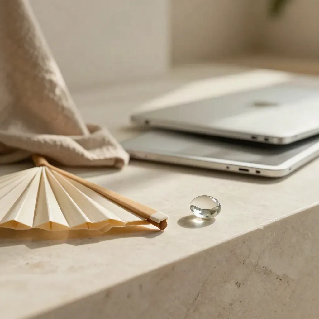 Pale marble ledge with folded paper fan, glass pebble, and soft linen shadow in warm daylight.