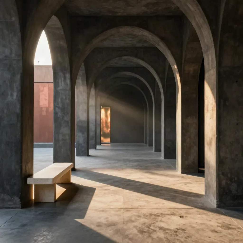Charcoal concrete arcade to a sunlit courtyard, pale bench and reflective panel in a calm editorial interior.