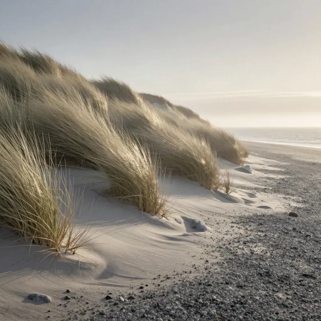 Wind-swept seaside slope of pale grasses and chalk stone above a hazy calm horizon.