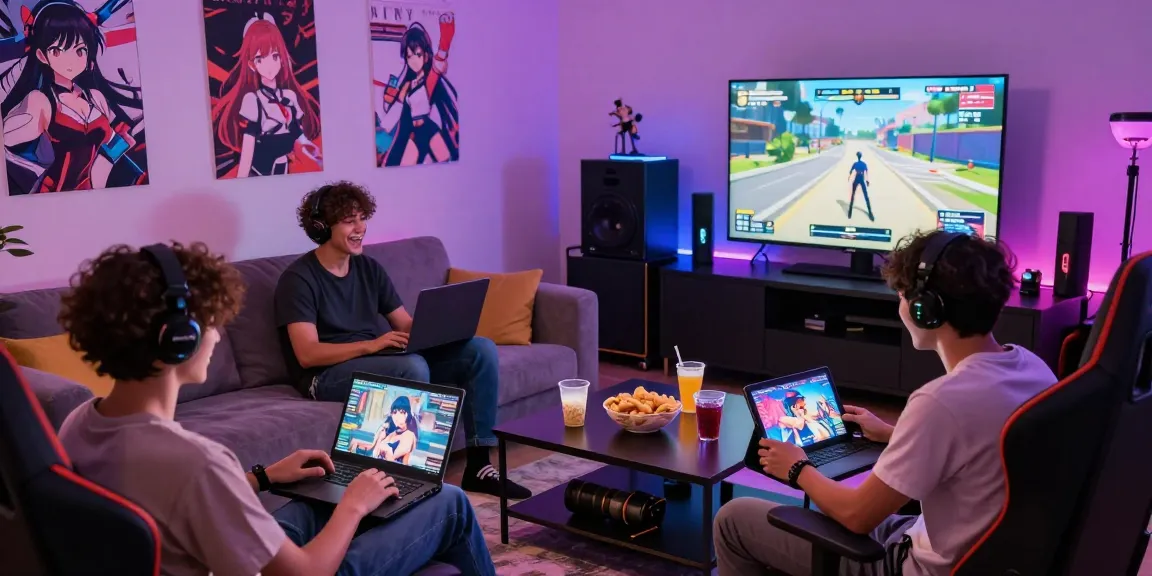 Engaging scene of friends playing a hentai game together in a vibrant living room setting.
