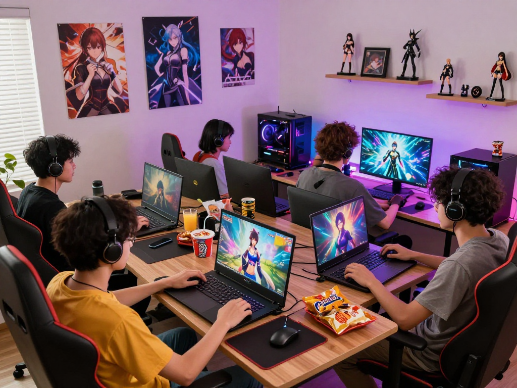 Exciting scene of players enjoying a hentai game in a cozy setting with colorful screens.