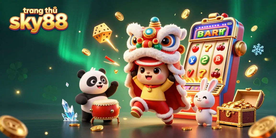 Experience the vibrant scene of trang chủ sky88 with a joyful lion dance and casino excitement in a festive atmosphere.