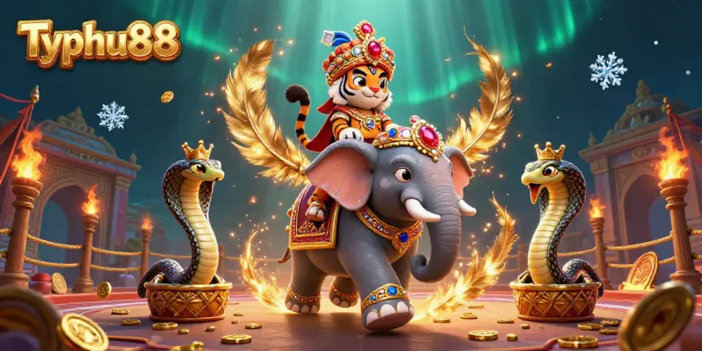 Experience Typhu88's vibrant gaming world with a jewel-encrusted elephant and dynamic casino elements.
