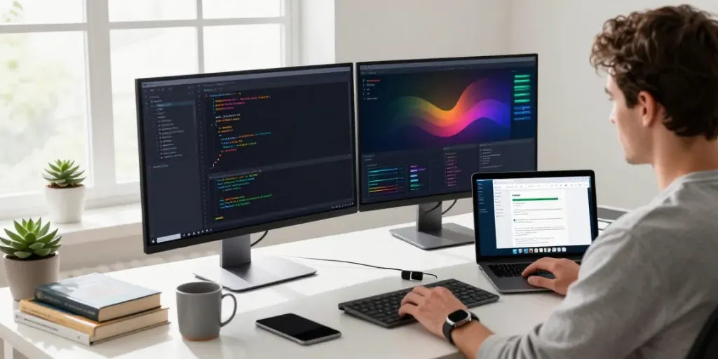Developer using coding tools for instant indexing in a modern workspace.
