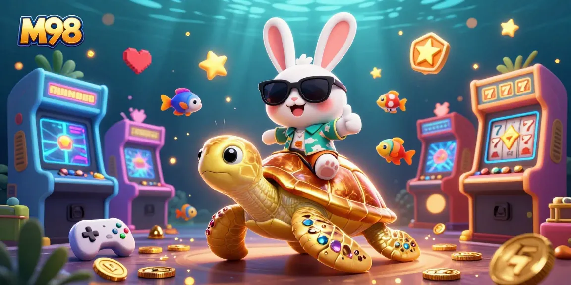 M98 offers an exciting casino experience with vibrant gaming elements surrounding a playful rabbit and turtle.