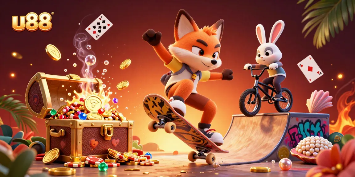 Experience the thrill of u88 with a vibrant 3D illustration of a skateboarder fox and BMX rabbit in a casino.