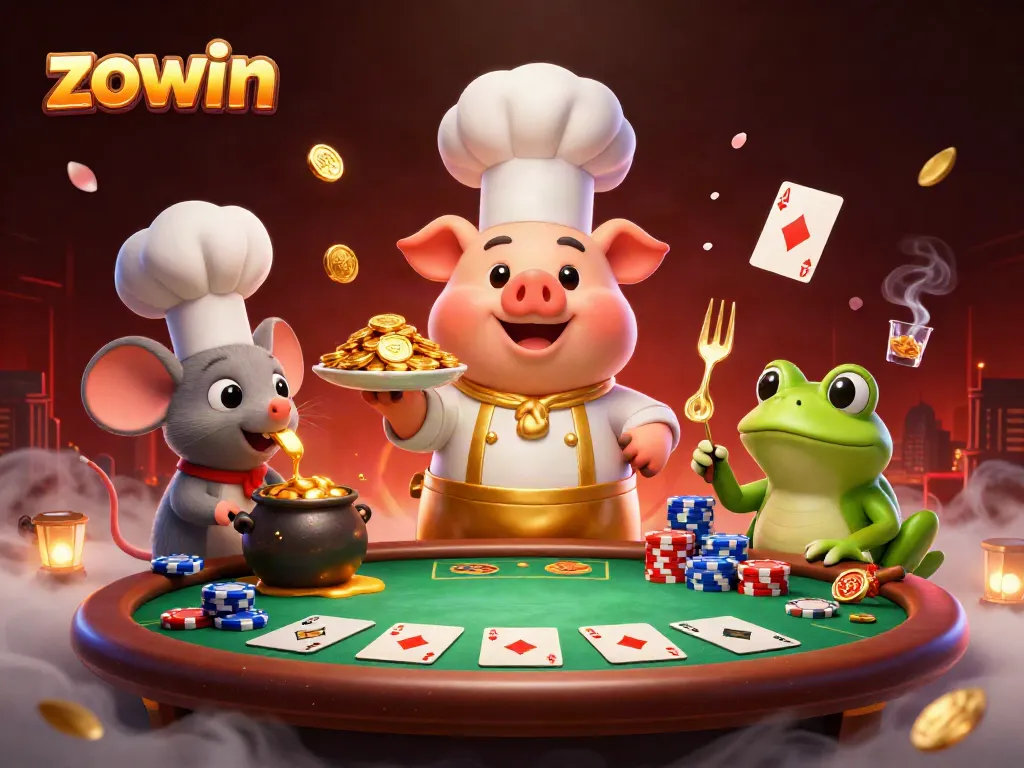 Chef pig serving gold coins in a vibrant casino-themed illustration highlighting zowin.