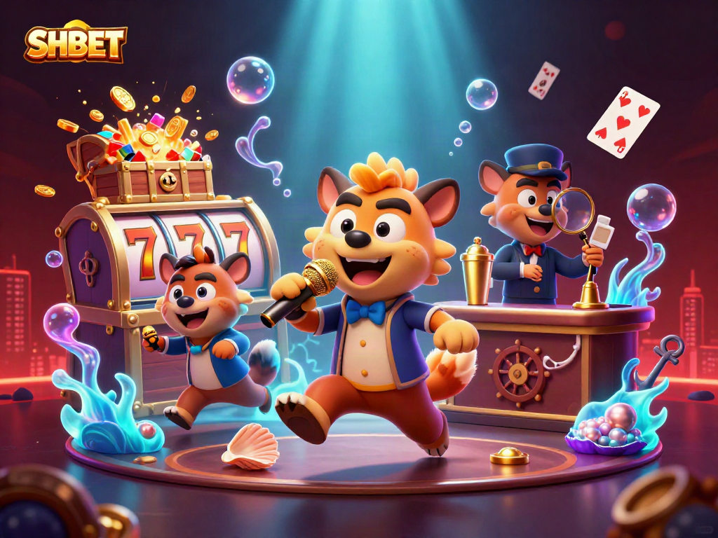 Join the fun at SHBET with engaging hyenas in a vibrant casino scene filled with colorful slot elements.